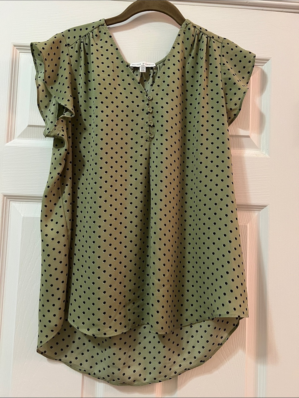 Button-Front Olive Green Polka Dot Flutter Sleeve Blouse